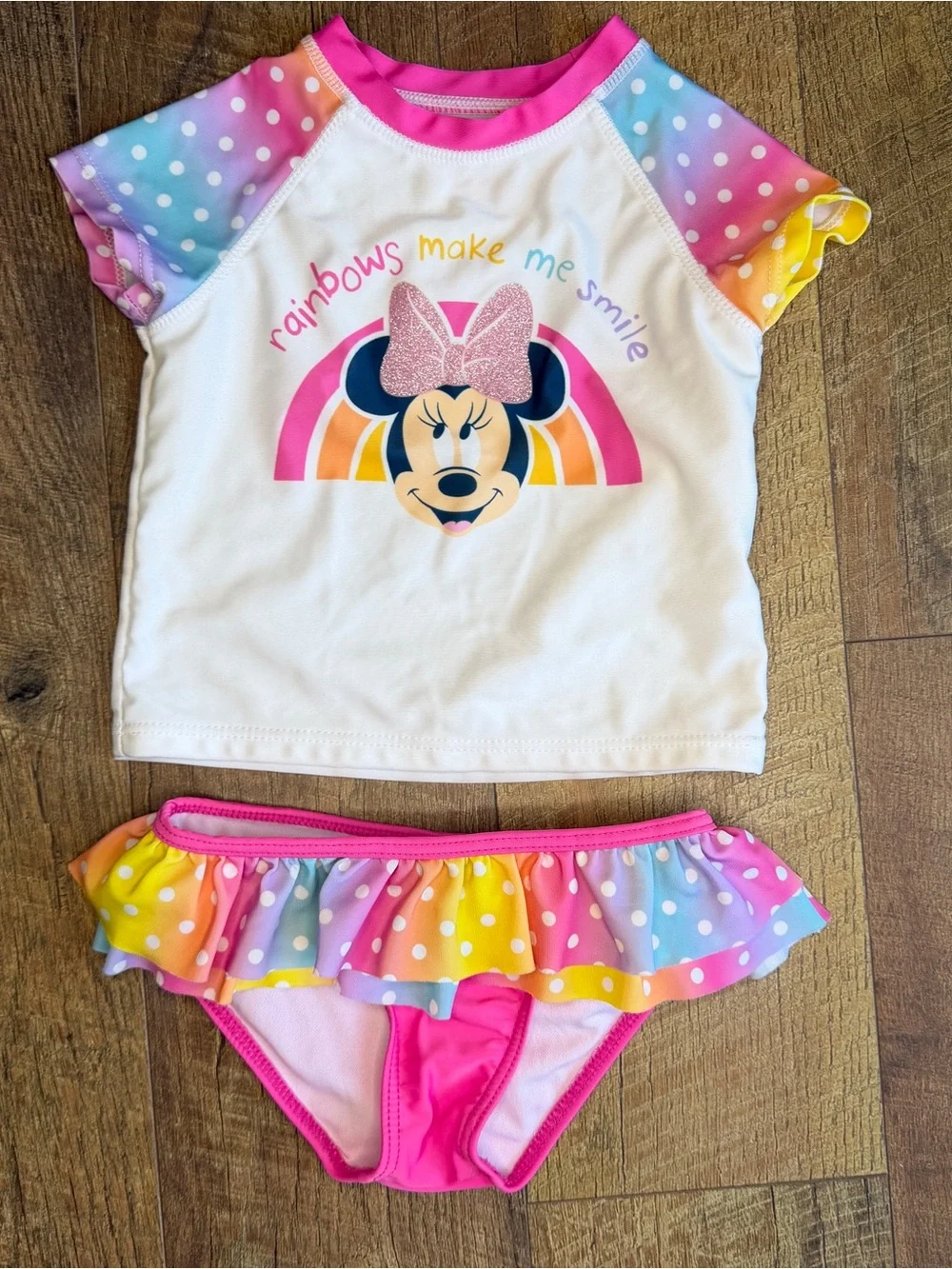 Disney Baby Girls Minnie Two Piece Bathing Suit Ruffle Bottom Glitter Top 24 Mo